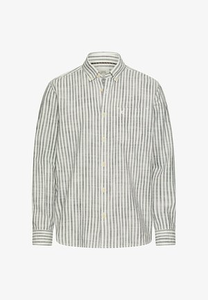 Men's long-sleeve button-up shirt with black and white vertical stripes and a chest pocket on the left side.
