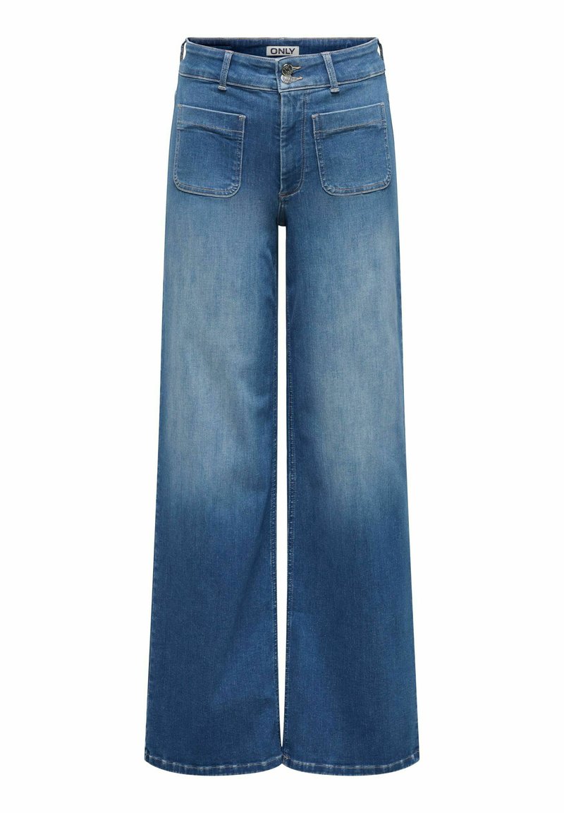 Jean en denim bleu à jambes larges avec deux poches plaquées à l'avant et fermeture par bouton à la taille.
