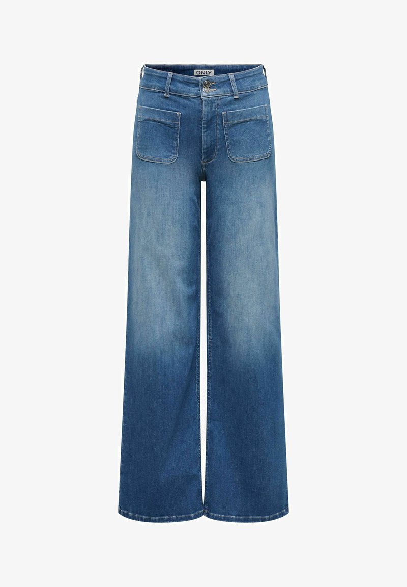 Jean en denim bleu à jambes larges avec deux poches plaquées à l'avant et fermeture par bouton à la taille.
