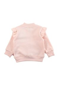 Sweat-shirt rose clair avec des accents à volants sur les épaules, poignets et ourlet côtelés. Texture lisse, col rond, et couleur unie.