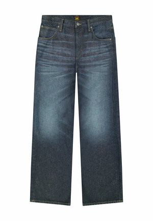 Jeans a gamba larga di colore blu scuro realizzati in denim, dotati di cinque tasche, cuciture a contrasto e chiusura con bottone in vita.