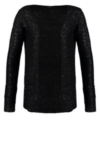 Svart stickad cardigan med en mjuk textur, långa ärmar och utspridda paljetter för extra detalj, med en öppen framsidesdesign.