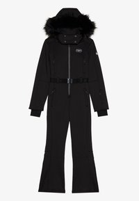 Svarte hel jumpsuit til snøsport med faux pels hette, glidelåslommer, belte i midjen og skreddersydde, utsvingte ben. Glatt tekstur.