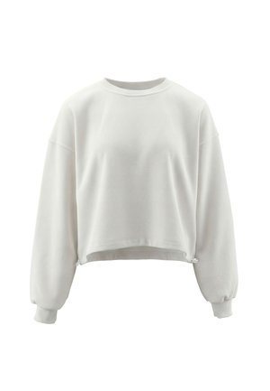 Weißes, langärmeliges, kurzes Sweatshirt mit rundem Ausschnitt und gerippten Bündchen vor einfachem weißem Hintergrund.