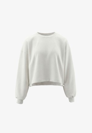 Hvid langærmet cropped sweatshirt med rund halsudskæring og ribbede manchetter på en ensfarvet hvid baggrund.