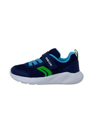 Sneaker in mesh blu e navy con dettagli verdi, suola bianca, chiusure con lacci e Velcro, caratterizzato da un design testurizzato per una migliore presa.