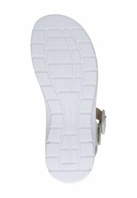 Bílá gumová podešev s texturovaným vzorem. Světle šedý svršek s páskem a detaily přezky. Jednoduchý, funkční design.