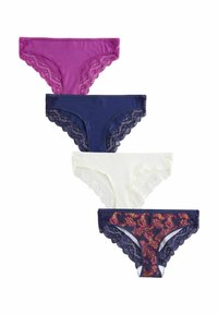 Set med fyra damunderbyxor i lila, marinblå, krämig och mönstrad marinblå, med spetsdetaljer och en variation av texturer och mönster.