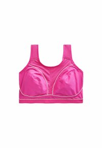 Roze sportbeha met soepel materiaal, een mesh-paneel bovenaan, brede banden en contrasterende witte afwerking langs de naden.