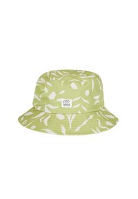 Groene bucket hat met een wit loofdesign. Gemaakt van stof, met een brede rand en een gestikte naad rond de basis. Voorzien van een logolabel.