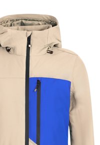 Beige en blauwe waterdichte jas met capuchon. Voorzien van een ritsborstzak en contrasterende kleurvlakken. Glad, duurzaam stoffen textuur.