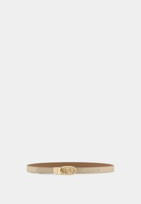 Cintura in pelle beige con una finitura liscia, caratterizzata da una fibbia circolare dorata e un discreto dettaglio del logo. Dodici fori di regolazione per una flessibilità nella misura.