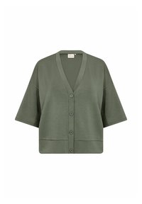 Krátký rukáv, olivově zelený cardigan s výstřihem ve tvaru V, předním zapínáním na knoflíky a volným střihem. Měkká tkanina s hladkou strukturou.