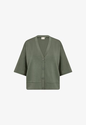Rövid ujjú, olajzöld kardigán V-kivágással, elöl gombos záródással és laza szabással. Puha anyag sima tapintással.