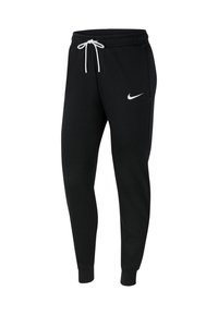 Czarne spodnie dresowe Nike z elastycznym pasem, białym ściągaczem i logo. Dopasowane ściągacze przy kostkach oraz miękki, teksturowany materiał.