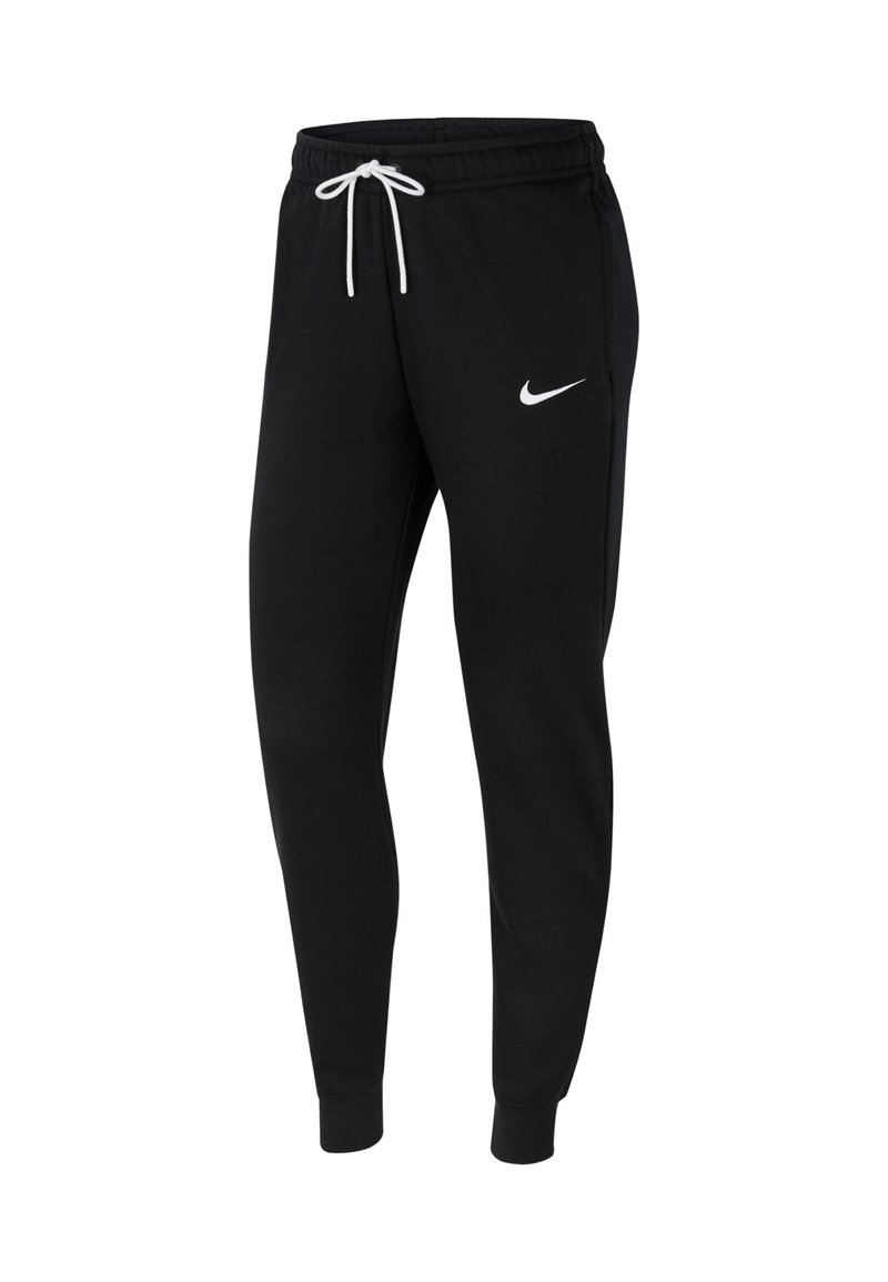 Czarne spodnie dresowe Nike z elastycznym pasem, białym ściągaczem i logo. Dopasowane ściągacze przy kostkach oraz miękki, teksturowany materiał.