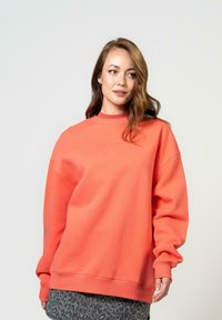 Koraļļu džemperis ar apaļu kakla izgriezumu, pazeminātām plecu šuvēm un ribota tipa piedurknēm, apvienots ar rakstainu svārku. Mīksta auduma un brīva piegriezuma.