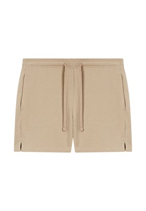 Pantalones cortos casuales beige con cintura de cordón, bolsillos laterales y pequeñas aberturas laterales en el dobladillo.