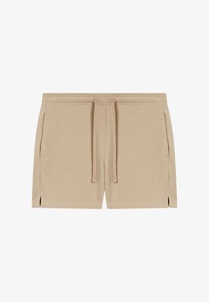 Beżowe, casualowe szorty z paskiem ściągającym w pasie, bocznymi kieszeniami i małymi rozcięciami po bokach u dołu.