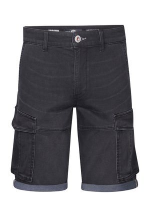 Black denim cargo shorts featuring two side pockets, a rolled hem, and a button closure. Texture is smooth with a sturdy fabric finish.