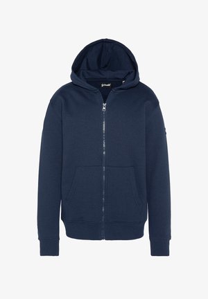 Marineblauer Reißverschluss-Hoodie mit Fronttaschen, gerippten Bündchen und angenähtem Kapuzen, vor einem weißen Hintergrund präsentiert.