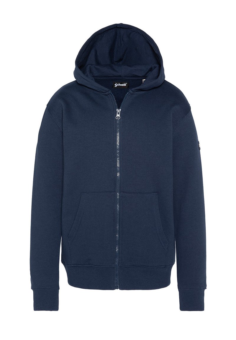 Felpa con zip blu navy, dotata di tasche frontali, polsini a coste e cappuccio attaccato, presentata su uno sfondo bianco.