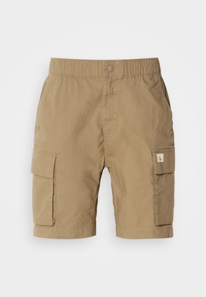 Pantaloni cargo beige realizzati in tessuto leggero, con vita elastica, tasche laterali e una tasca a toppa sulla gamba.