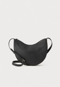 Black leather bag in a moon shape with a zip closure, featuring two handles and a smooth texture. Minimalist design with no additional accents.