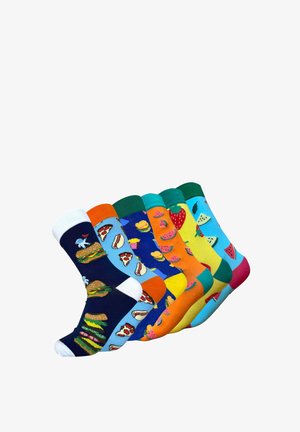 Calcetines de algodón coloridos en varios diseños, con patrones de comida como hamburguesas, pizza y frutas, con colores y texturas diversas.