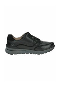 Fekete bőrsneaker lekerekített orral, fűzős kialakítással, textúrált középtalppal és párnázott talprésszel a kényelemért.