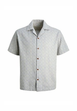 Košulja kratkih rukava na kopčanje s bež, plavim i bijelim geometrijskim uzorkom i smeđim drvenim gumbima, s otvorenim ovratnikom na vrhu.