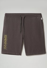 Pantaloni corti di cotone grigio scuro con una cintura elastica, cordoncino e tasche laterali; presenta una stampa del logo dorato lungo la gamba sinistra.