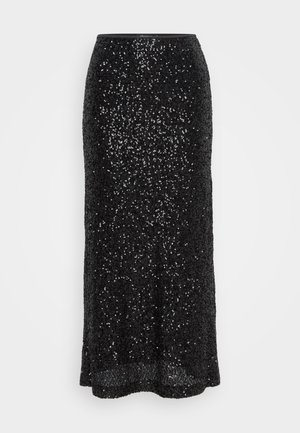 Schwarzer Pailletten-Midi-Rock mit taillierter Silhouette. Glatte Fütterung, leichter Schimmer am Saum und schimmernde Oberflächenstruktur.