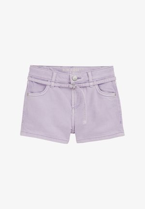 Vijolično denim kratke hlače z zankami za pas, sprednjimi žepi, zadrgo spredaj in tankim usklajenem pasom iz istega blaga z metalnim obročem.
