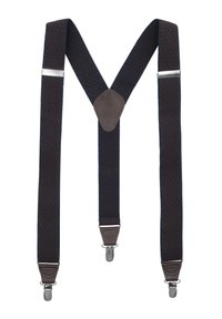 Ciemnoniebieskie szelki z geometrycznym brązowym wzorem, wyposażone w srebrne klipsy i brązowe skórzane elementy przy klipsach i na środku z tyłu.