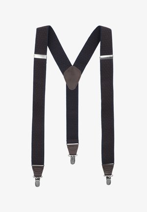 Ciemnoniebieskie szelki z geometrycznym brązowym wzorem, wyposażone w srebrne klipsy i brązowe skórzane elementy przy klipsach i na środku z tyłu.