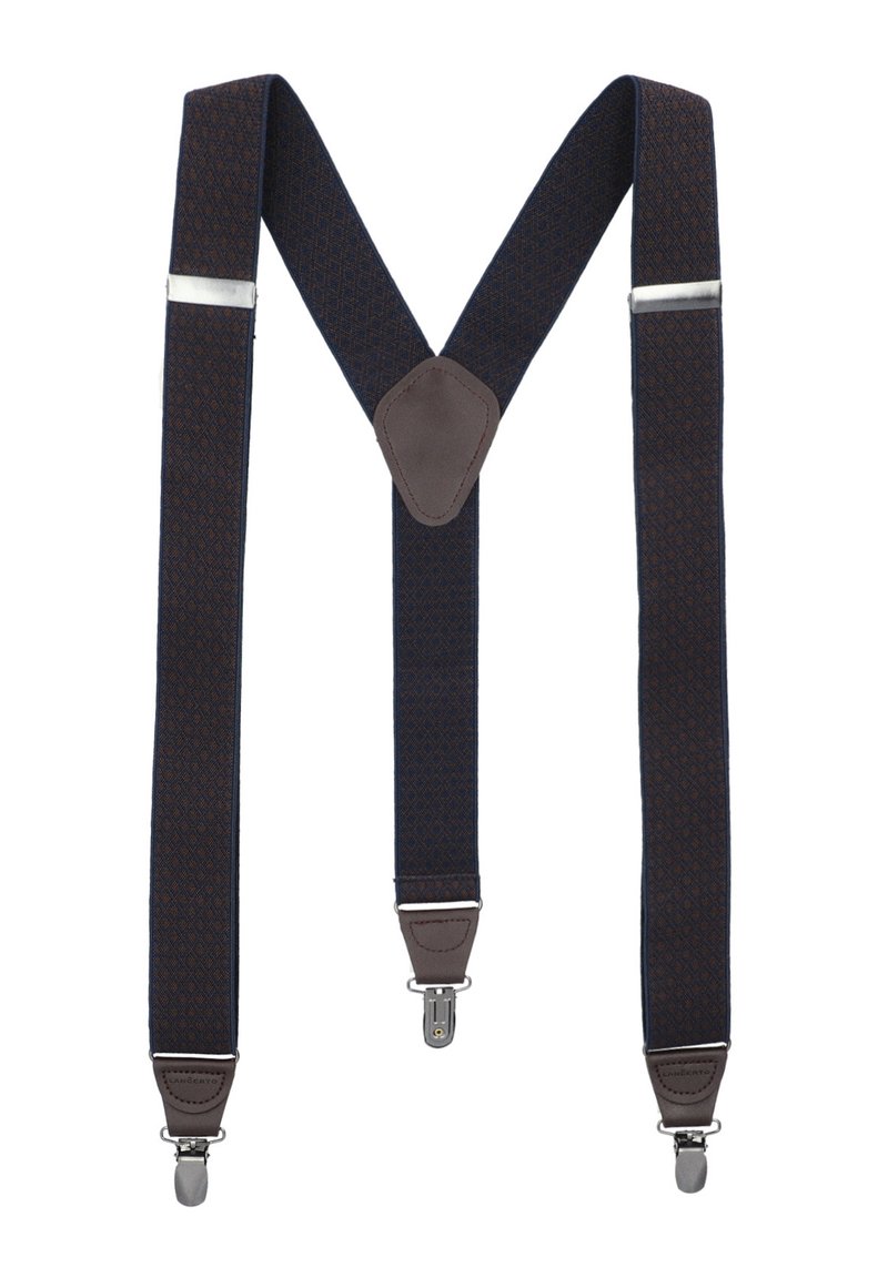 Ciemnoniebieskie szelki z geometrycznym brązowym wzorem, wyposażone w srebrne klipsy i brązowe skórzane elementy przy klipsach i na środku z tyłu.