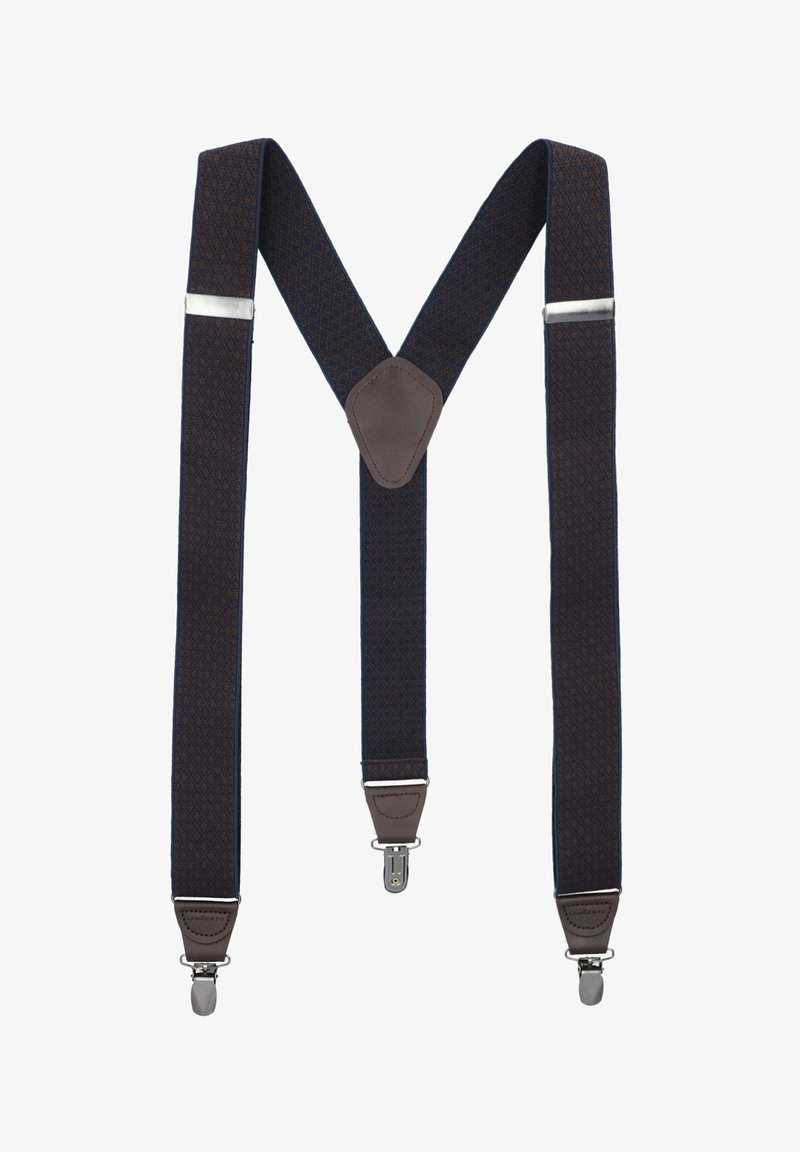Ciemnoniebieskie szelki z geometrycznym brązowym wzorem, wyposażone w srebrne klipsy i brązowe skórzane elementy przy klipsach i na środku z tyłu.