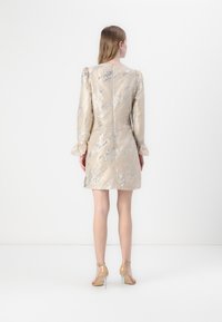 Trumpas, ilgomis rankovėmis smėlio spalvos suknelė su sidabiniais abstrakčiais raštais, volanų apykaklės ir užtrauktukas nugaros pusėje. Skaidrios kulniukų sandalai užbaigia įvaizdį.