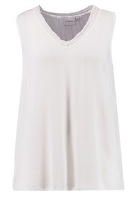 Blusa bianca senza maniche con scollatura a V, caratterizzata da tessuto testurizzato e dettagli in pizzo intricati lungo il collo.