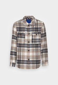 Geknoopte geruite shirtjacket met beige, bruin, witte en grijze blokken, voorzien van twee borstzakken met knoopflappen en een klassieke kraag.