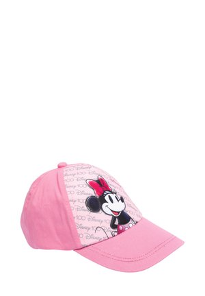 Cappellino da baseball rosa in cotone con visiera curva. Presenta una grafica di Minnie Mouse sulla parte frontale e un motivo ripetuto "Disney 100".