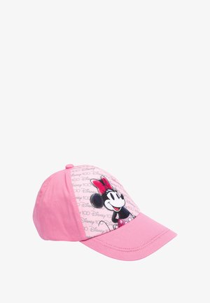 Pink baseball cap made of cotton with a curved visor. Features a Minnie Mouse graphic on the front and a repeating "Disney 100" pattern.