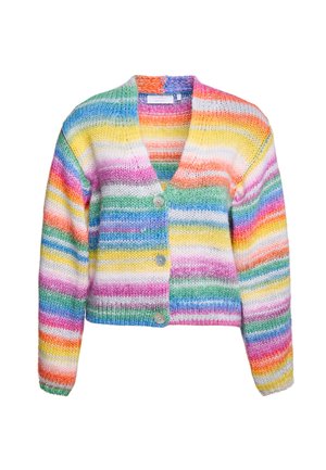 Knitted cardigan featuring vibrant horizontal stripes in pink, yellow, green, and blue. Includes a V-neck and three buttons in front.