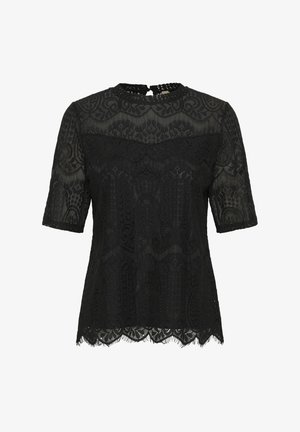 Must mustriga lühikeste varrukatega. Omab keerukaid lillemotiive, lainelist hemmi ja võtmeaugu taga kinnitust. Poolkahvatu tekstuur.