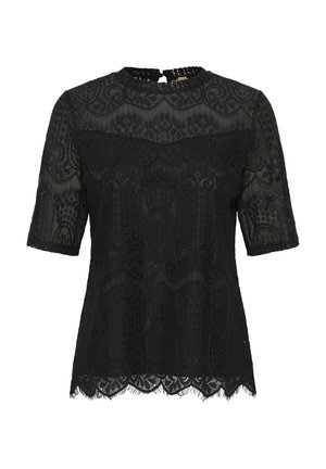 Top de encaje negro con mangas cortas. Presenta detalles florales intrincados, un dobladillo con forma de concha y un cierre en la parte posterior con forma de ojal. Textura semi-translúcida.