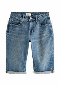 Pantalones cortos de mezclilla hasta la rodilla en azul claro, con un diseño clásico de cinco bolsillos, dobladillos enrollados y un cierre de botón en la cintura.