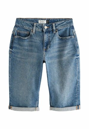 Jeans kratke hlače do koljena svijetloplave boje, s klasičnim dizajnom pet džepova, podvijenim rubovima i kopčanjem na pojasu.