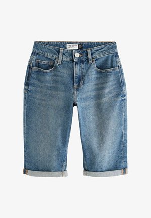 Lichtblauwe denim shorts tot de knie, met een klassieke vijf-pocket stijl, omgeslagen boorden en een knoopsluiting bij de taille.