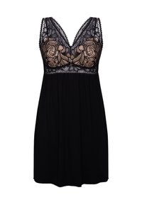 Czarna nocna koszula z dekoltem w serek, zdobiona skomplikowanymi beżowymi koronkami, kwiatowymi wzorami i luźnym krojem.